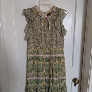 Anthropologie Green Dress with Beaded Neckline